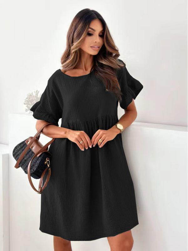 Women's Crewneck Short Sleeve Solid Pleated Loose Dress