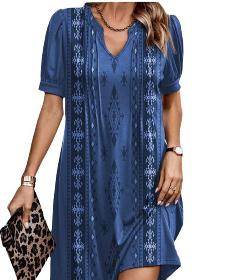Women's Summer Casual Loose V-Neck Short Sleeve Patchwork Dress