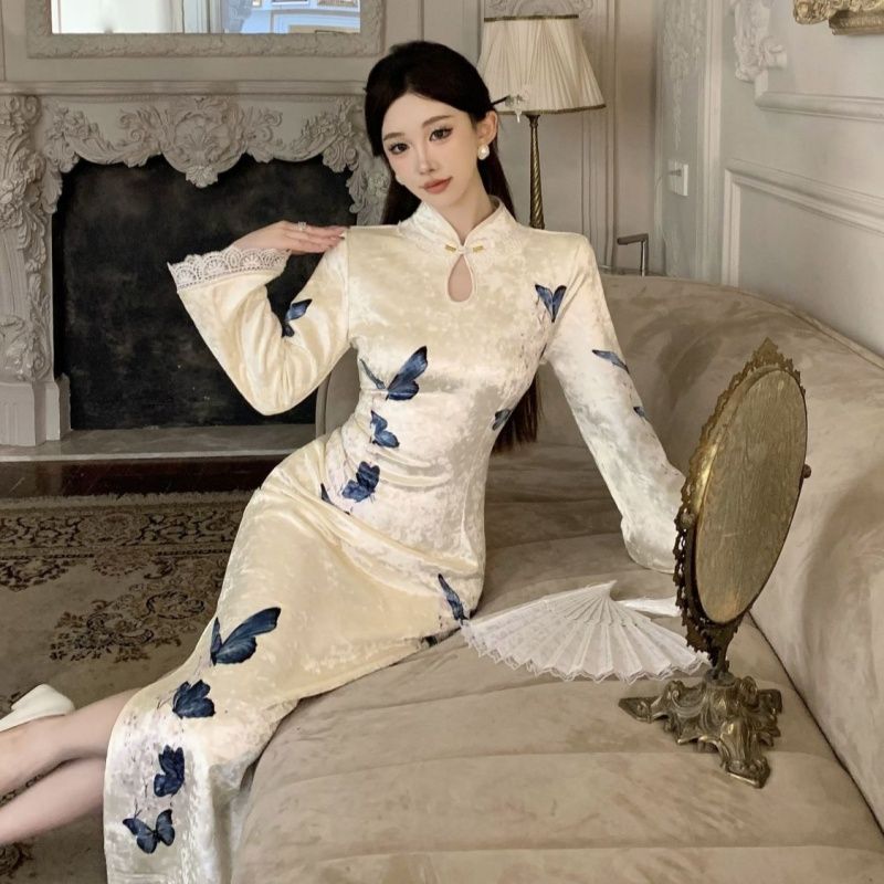 Plus Size New Chinese Style Velvet Qipao Dress Slimming Bodycon Midi