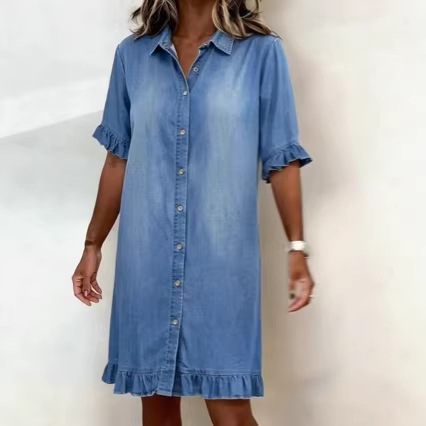 Washed Denim Dress Women's Single-Breasted High-Waist Knee-Length Short Dress