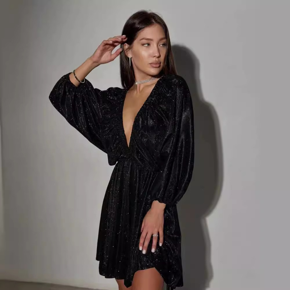 V-Neck Pleated Mini Dress Solid Color Long Sleeve High Waist