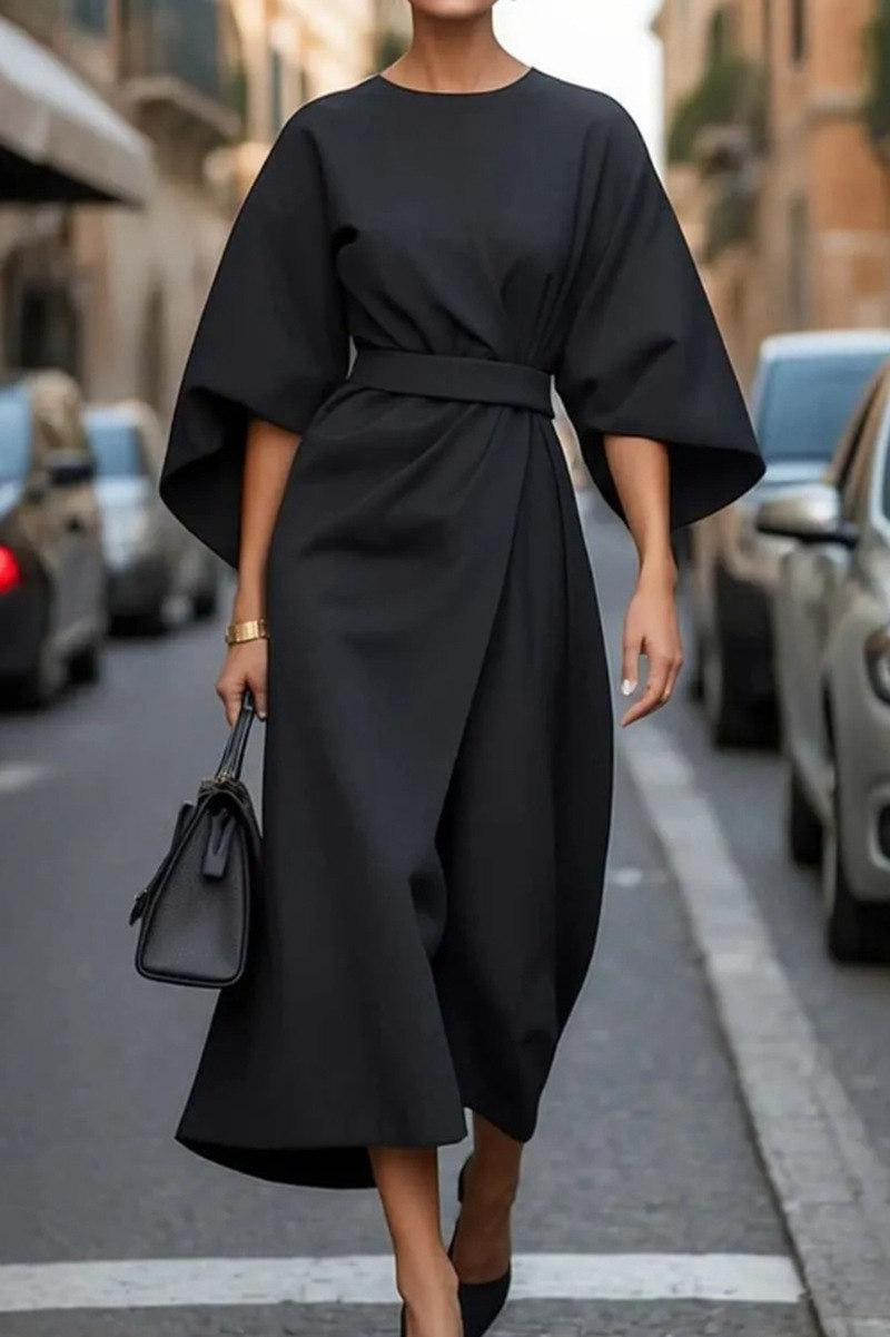 Women's Elegant Solid Color Waist-Cinched Batwing Sleeve Long Dress