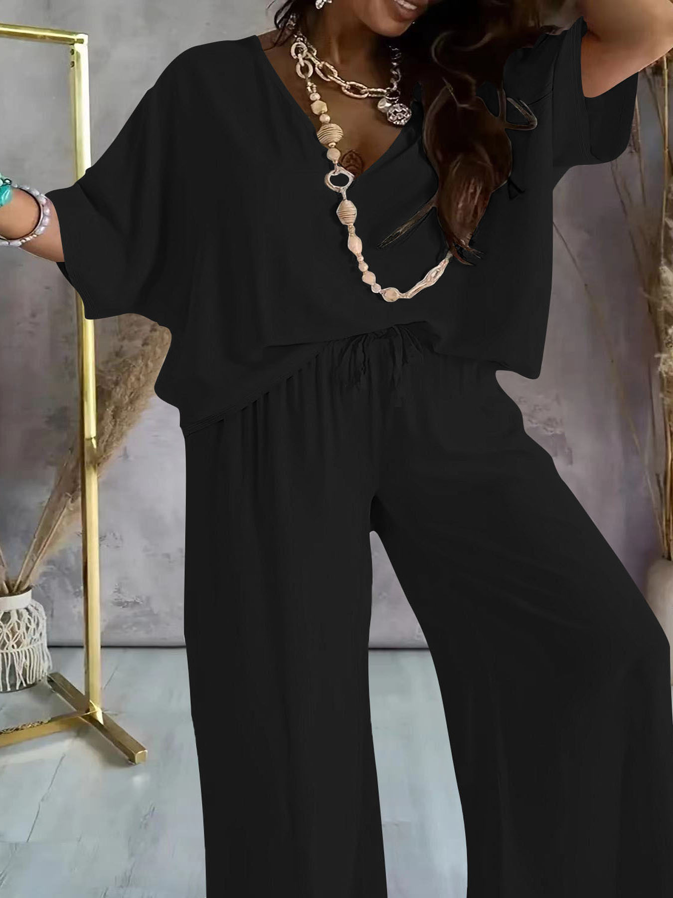 V-Neck Batwing Sleeve Solid Color Loose Wide-Leg Pants Set Women