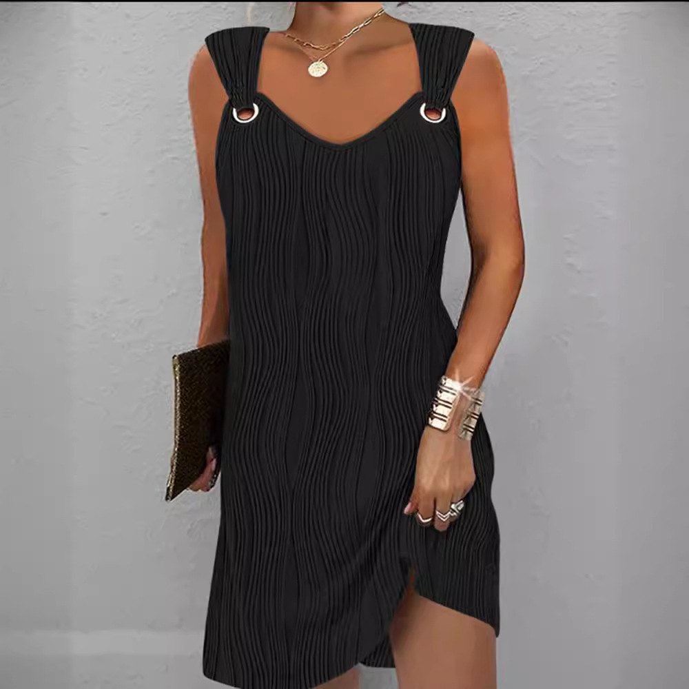 Women's Sleeveless V-Neck Midi Dress with Metal Button Detail