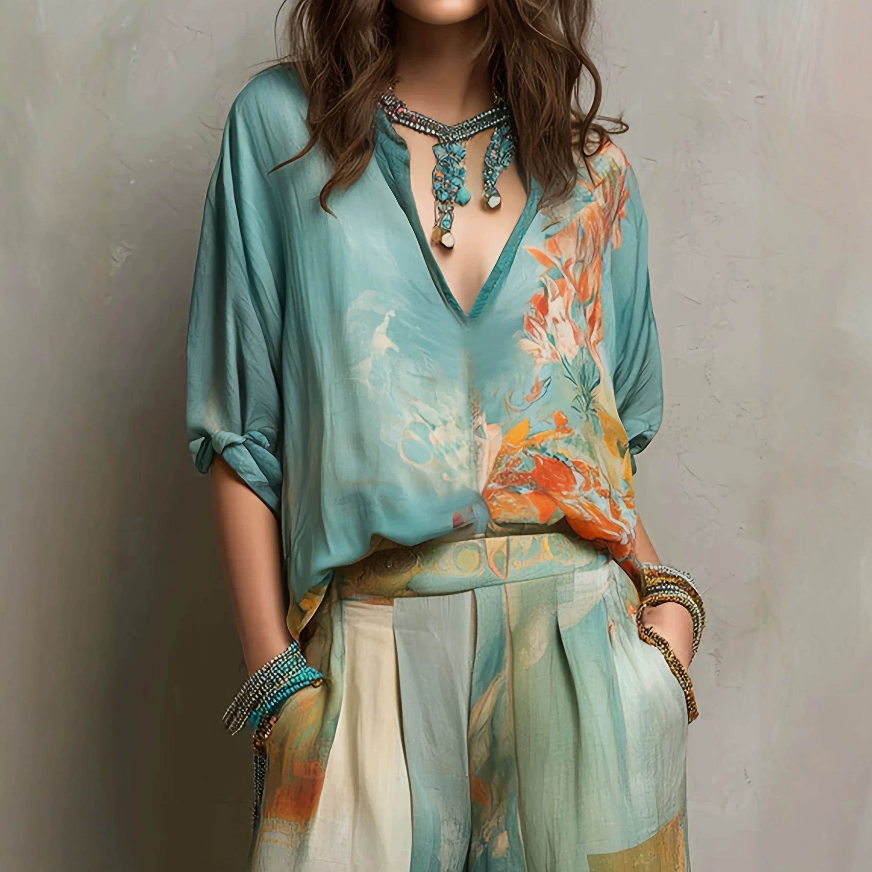 Deep V-Neck Top and Wide-Leg Pants Set