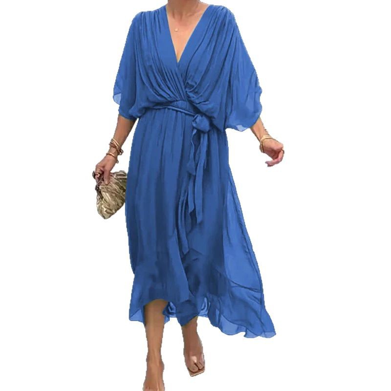 Women's Solid Color Tie-Waist Batwing Sleeve Irregular Long Dress Plus Size