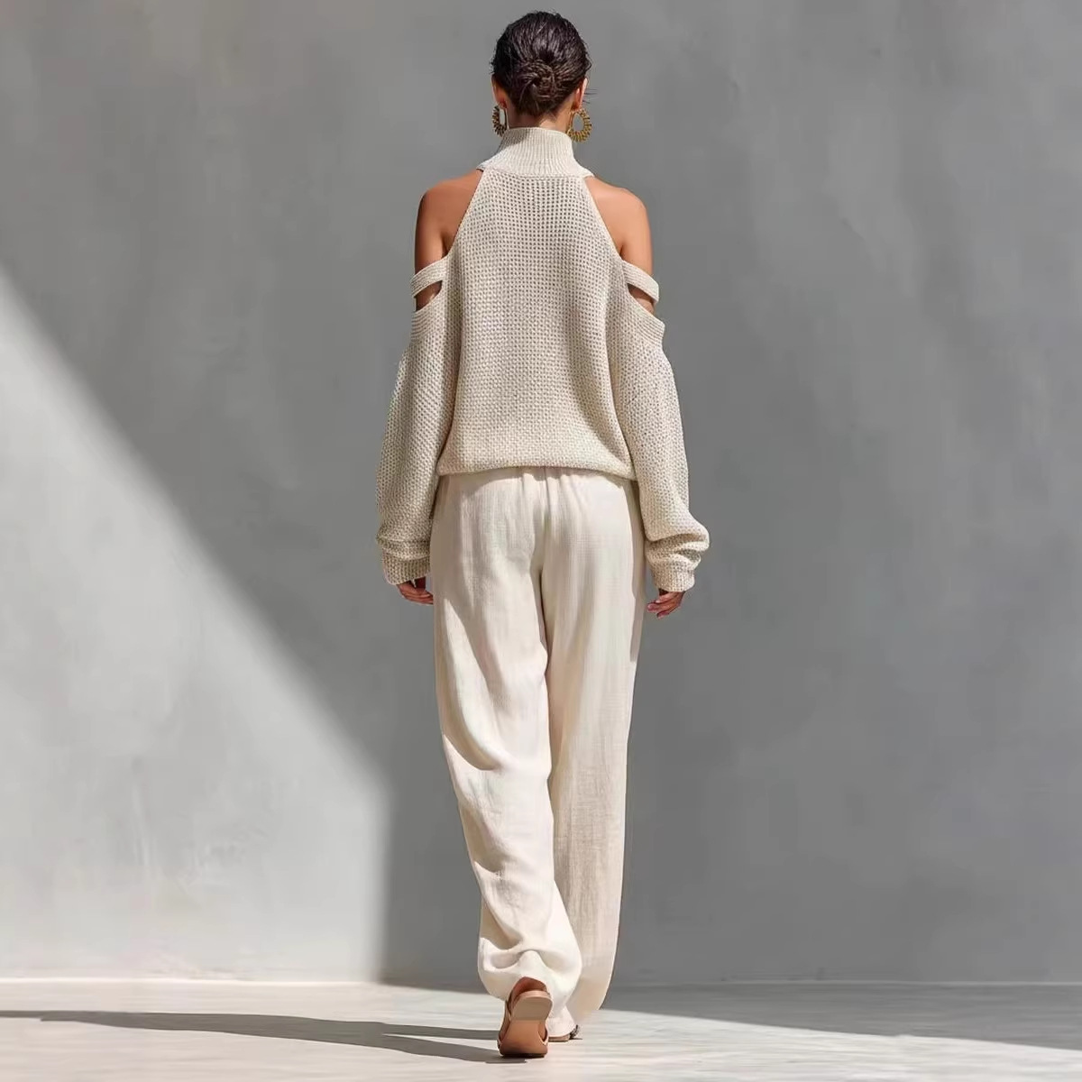 Women's Solid Color Long Sleeve High Neck Top and Pants Two-Piece Set