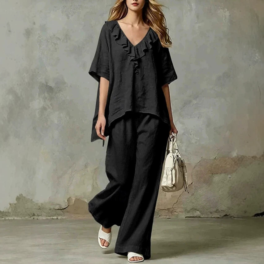 Women's V-Neck Loose Cotton Blend T-Shirt and Pants Set Casual Two-Piece Outfit