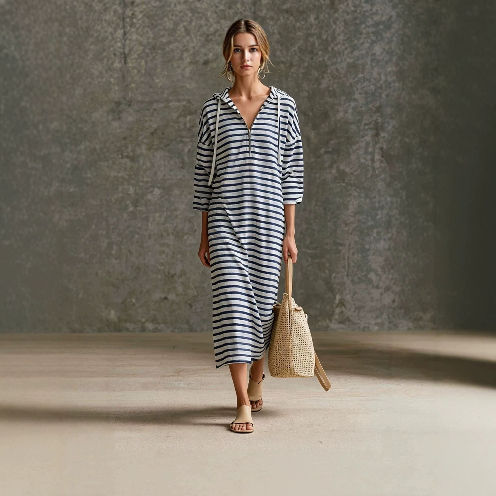 Black and White Striped Hooded Midi Dress Casual Athletic