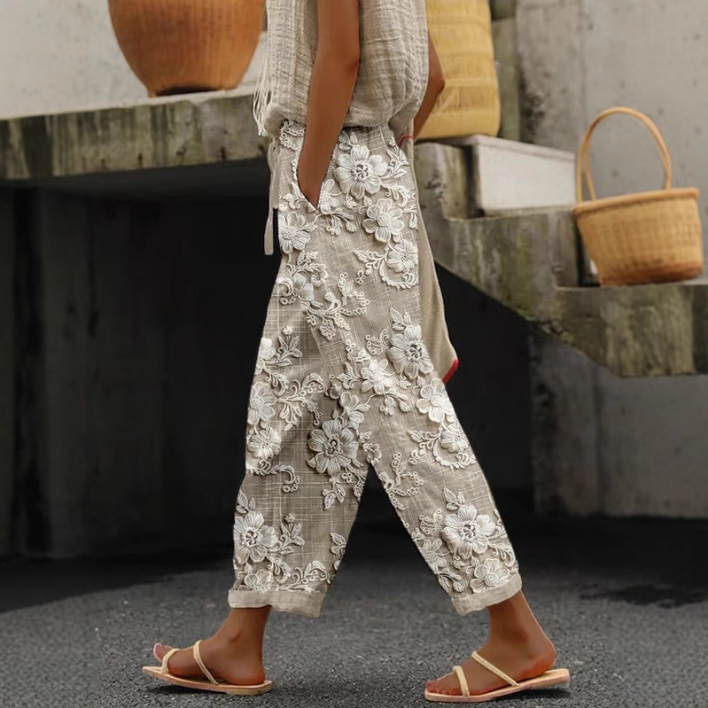Women's Vintage Floral Print Straight-Leg Casual Pants