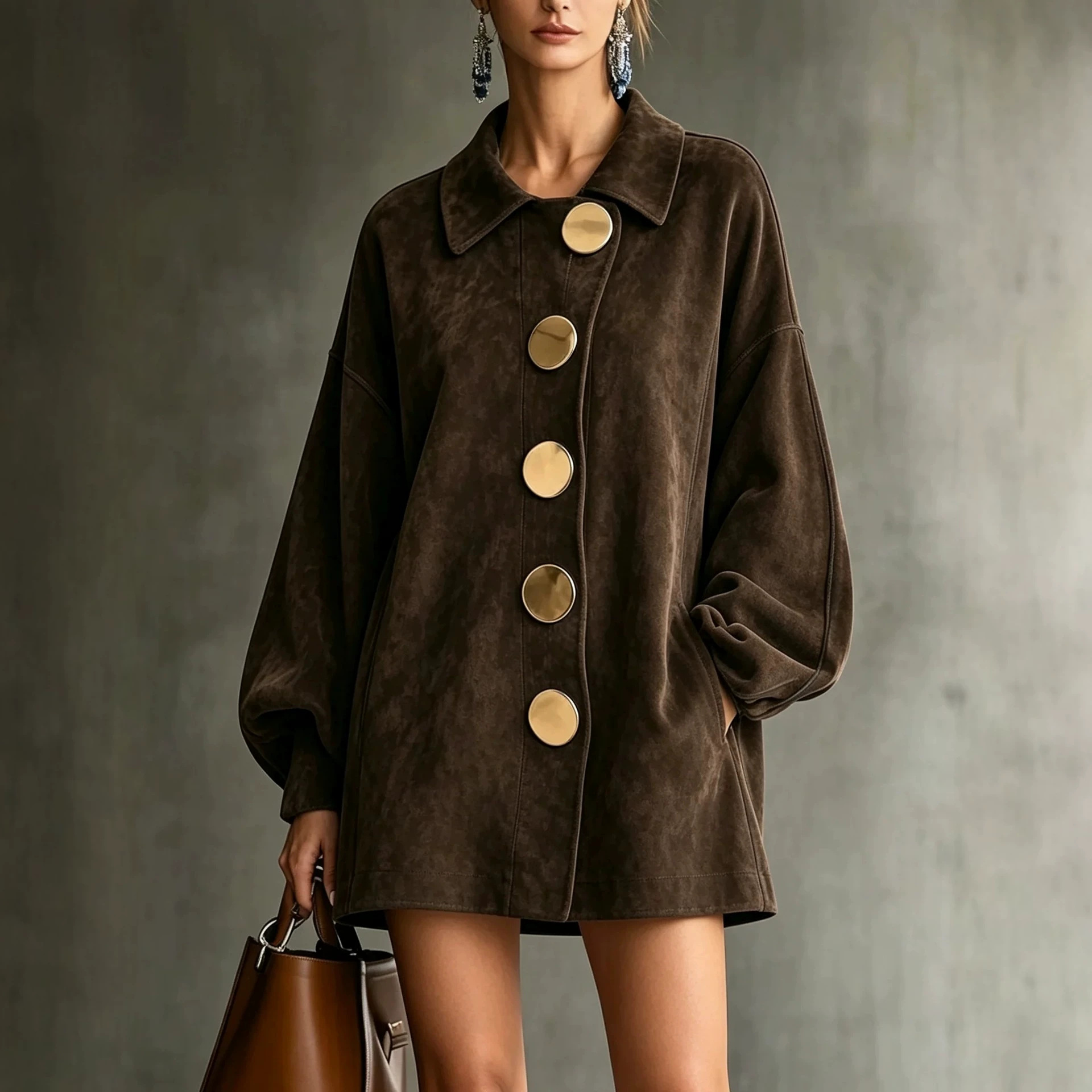 Retro Brown Faux Suede Oversized Metal Buckle Collared Loose Mid-Length Coat for Women