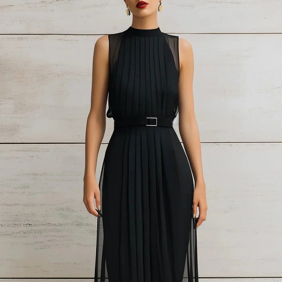 Black High Neck Sleeveless Mesh Panel Bodycon Midi Dress