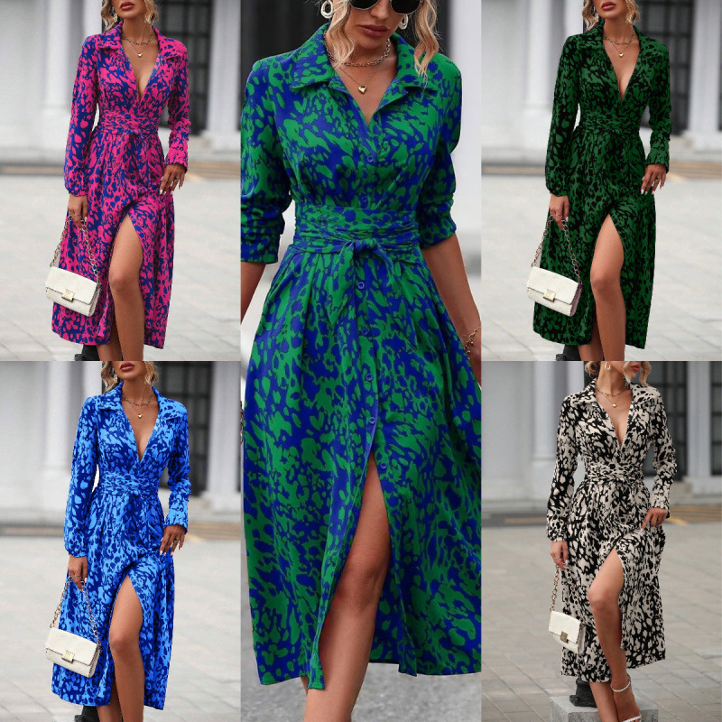 Printed Faux Suede Long Shirt Dress with Polo Collar