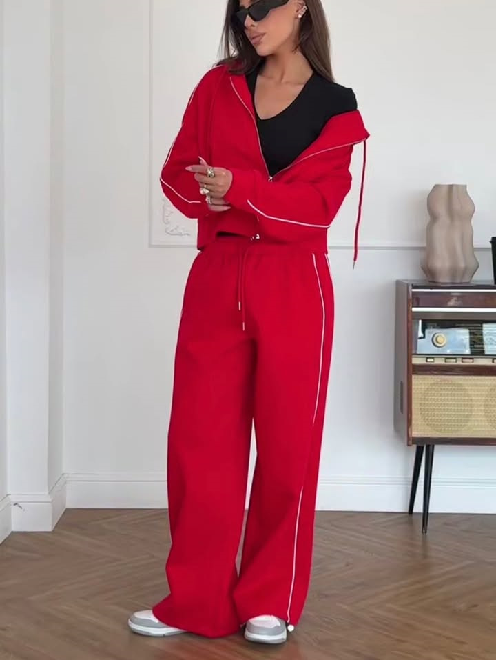 Women's Striped Two-Piece Set with Long Sleeve Zip Cardigan and Tie Pants