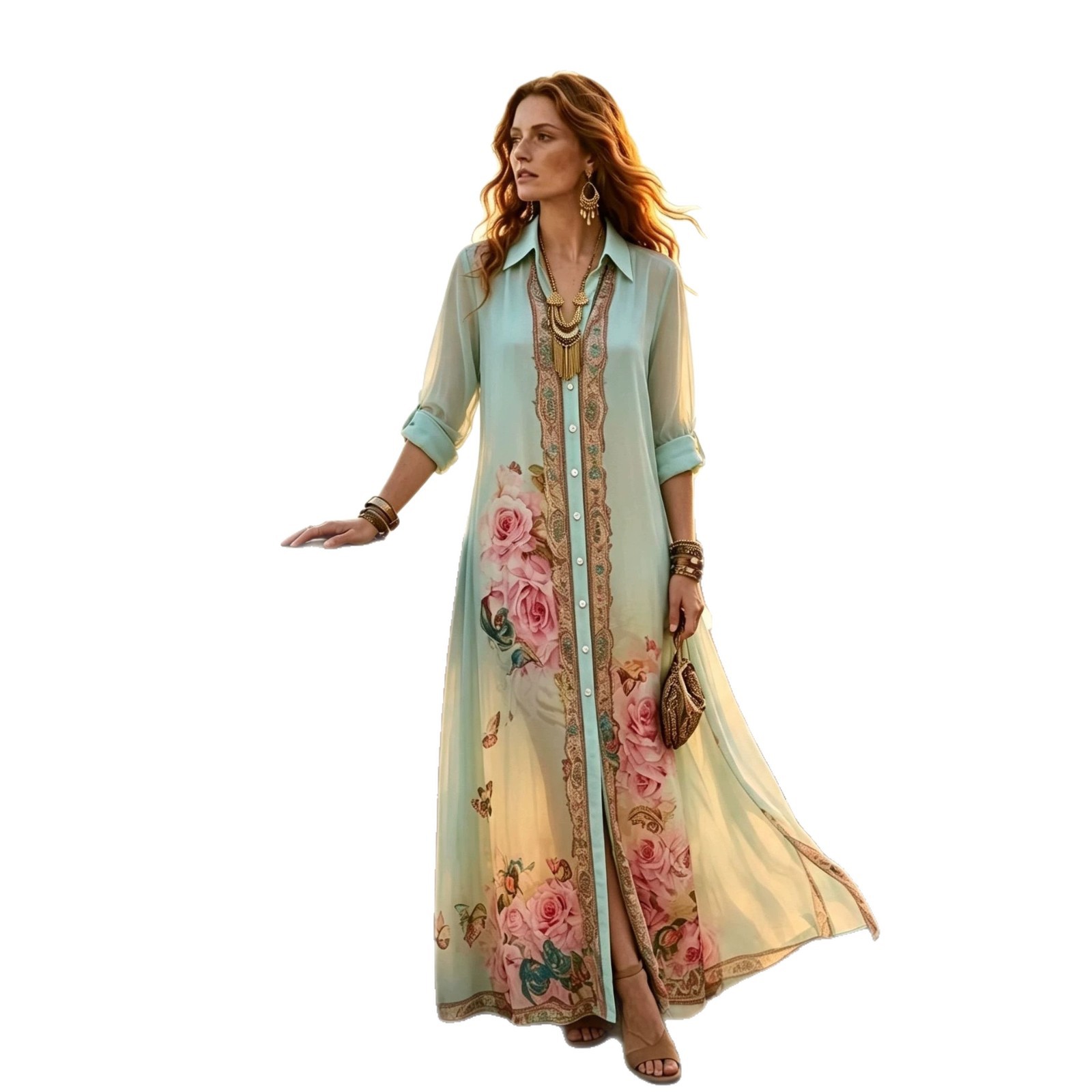 Women's Vintage Geometric Print A-Line Long Sleeve Dress with Embroidered Collar