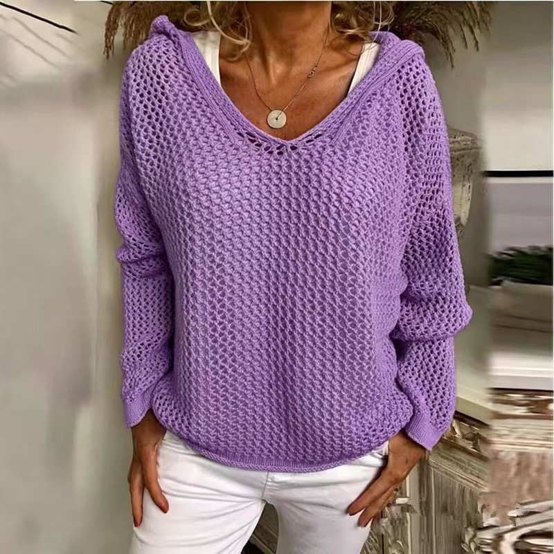 Hooded Knit Sun Protection Top Lightweight Loose Pullover