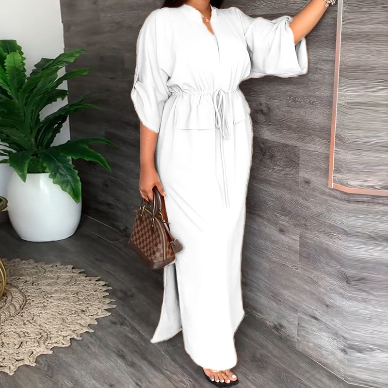 Women's V-Neck Tie Waist Slim Fit Midi Dress