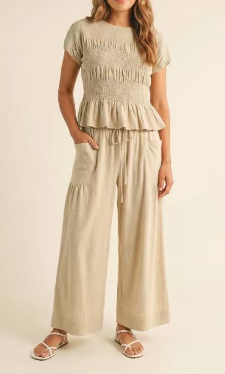 Women's Solid Color Smocked High Waist Wide Leg Pants Short Sleeve Casual Two-Piece Set