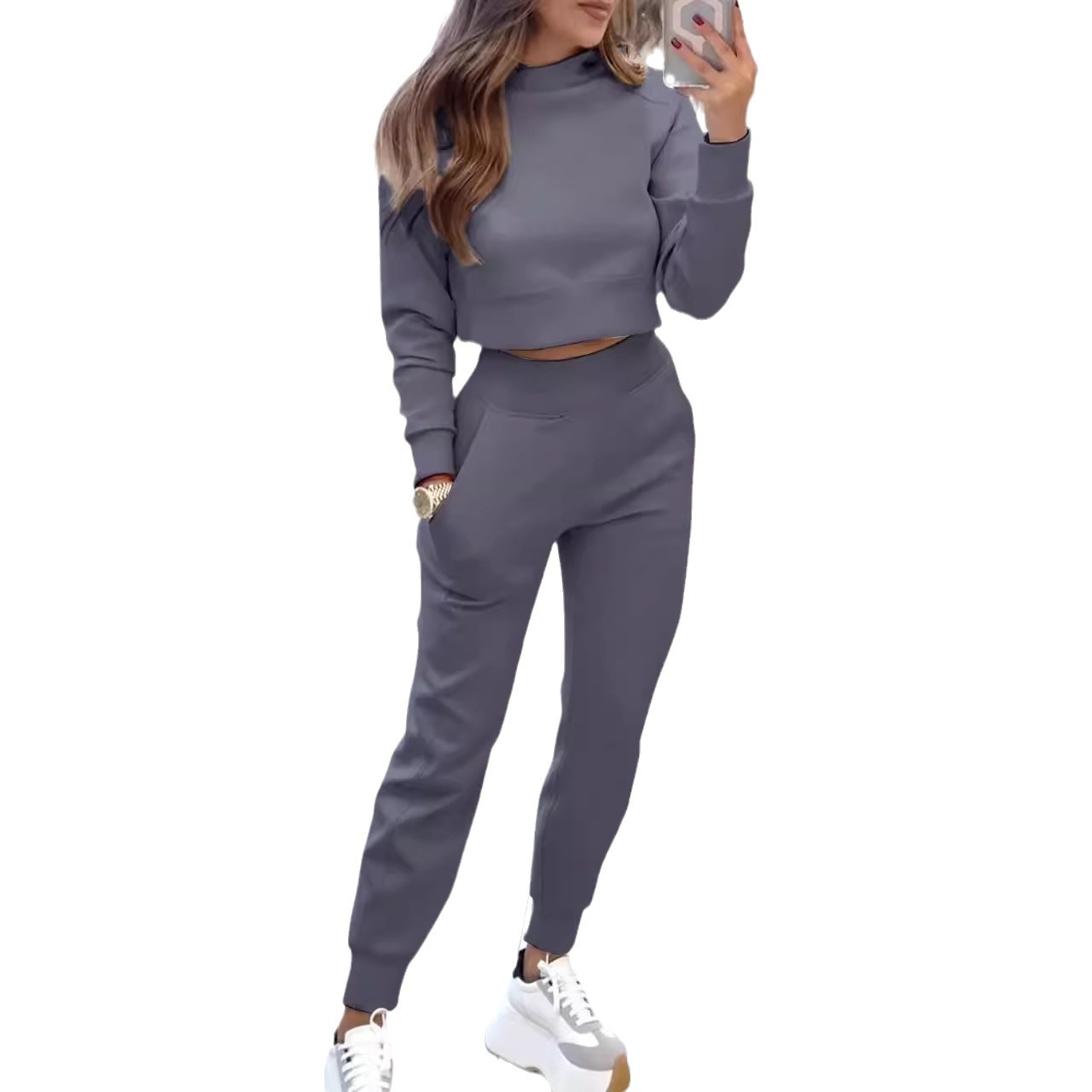 Women's High Neck Slim Fit Long Sleeve Casual Two-Piece Set