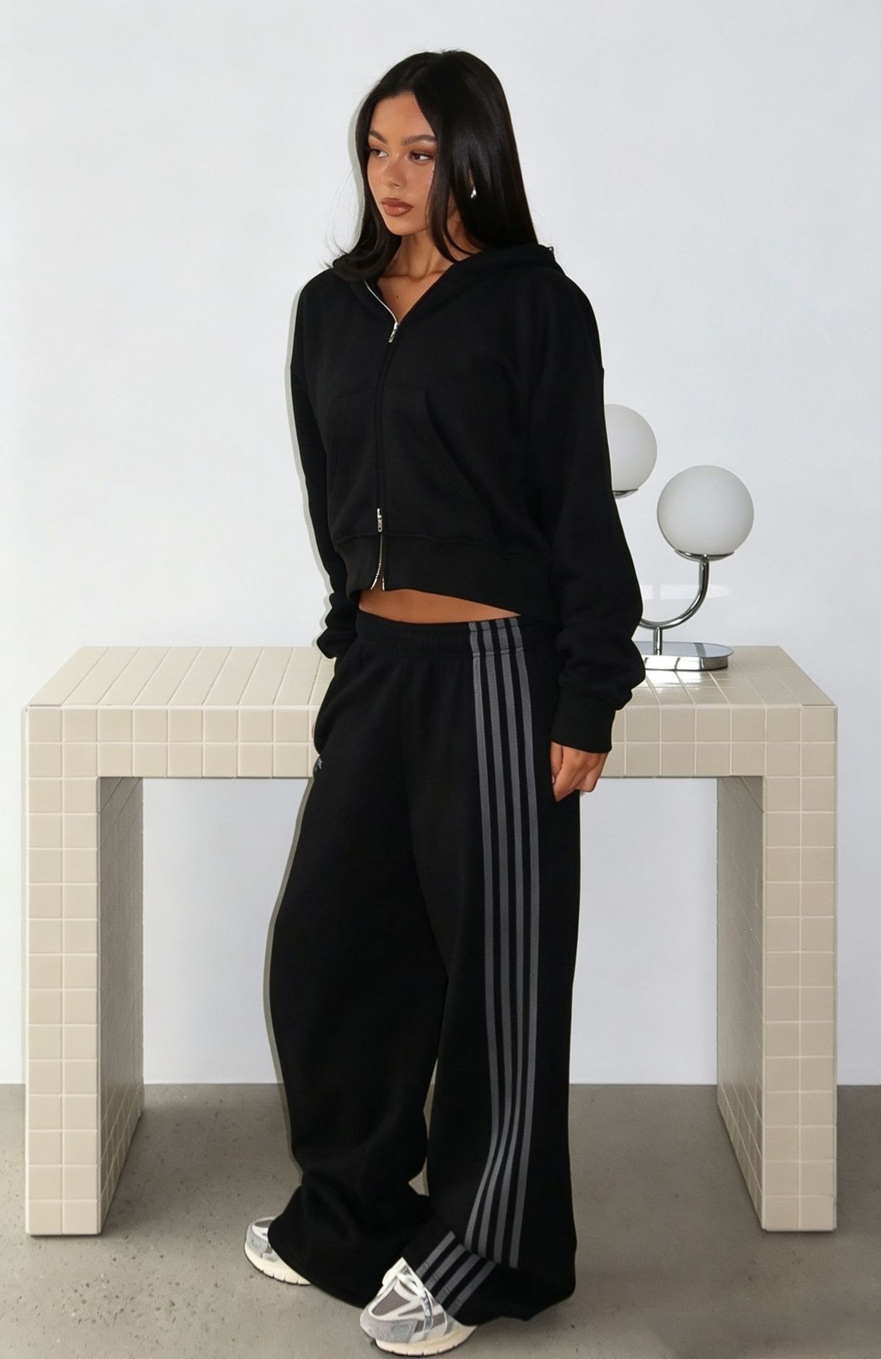 Women's Cropped Zip-Up Hoodie and Jogger Set with Side Stripe Pants