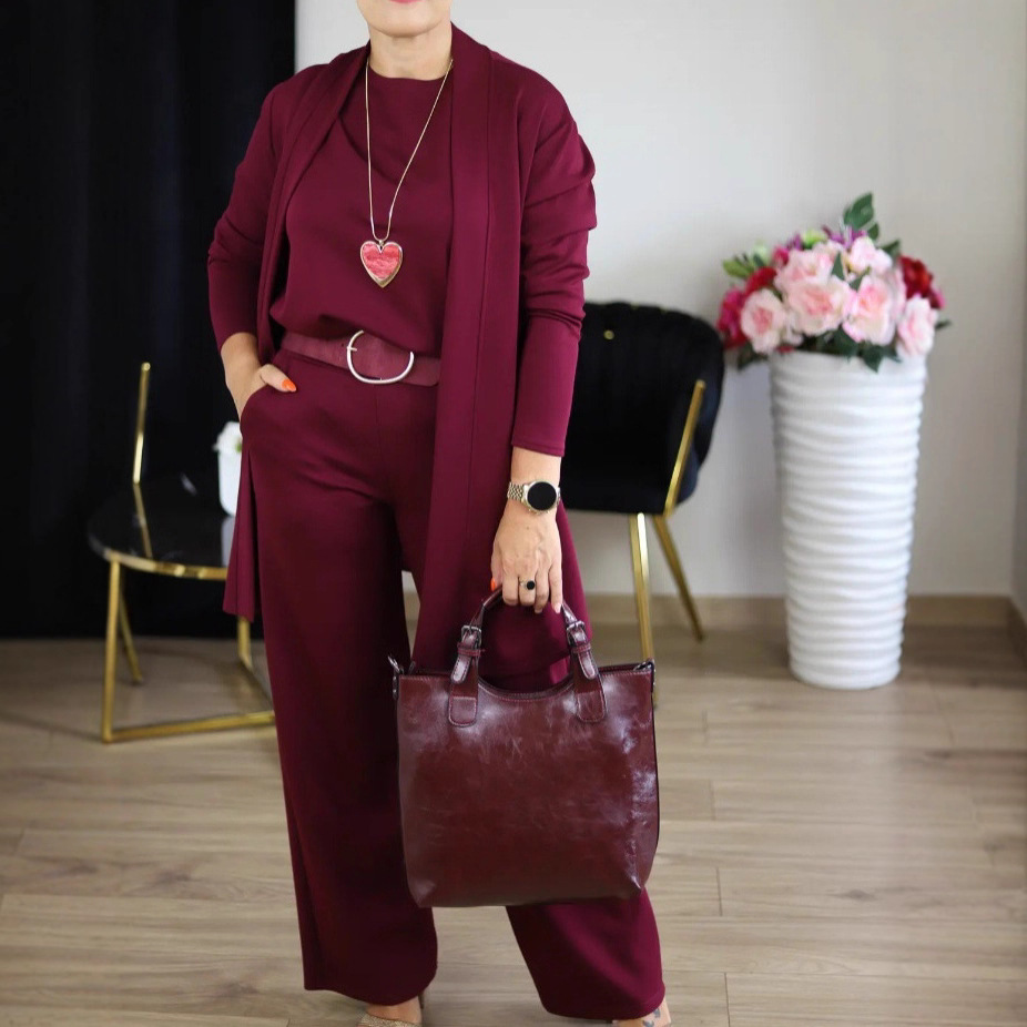 Women's Solid Color Round Neck Long Sleeve Top with Belt and Comfortable Pants 3-Piece Set