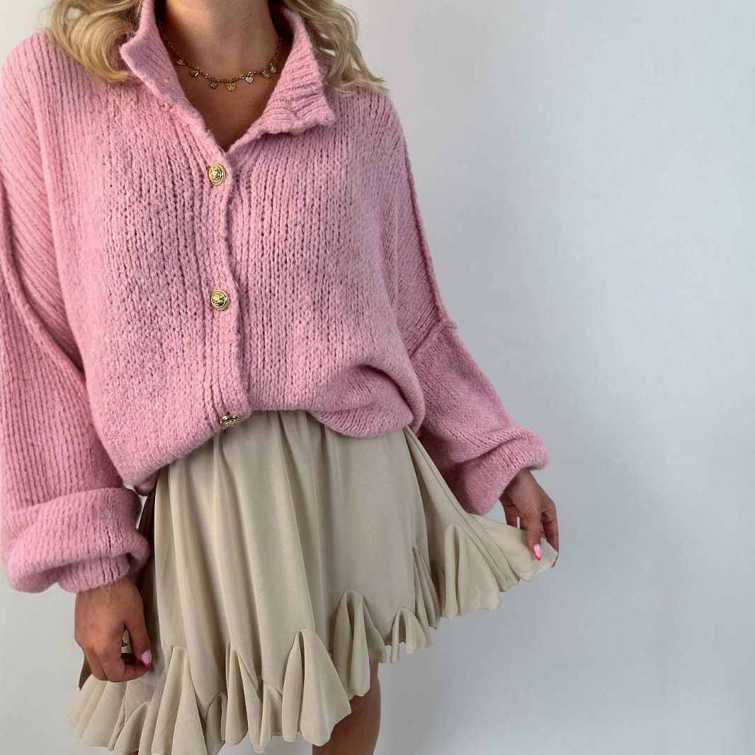 Women's Solid Color Loose Knit Cardigan Long Sleeve Round Neck
