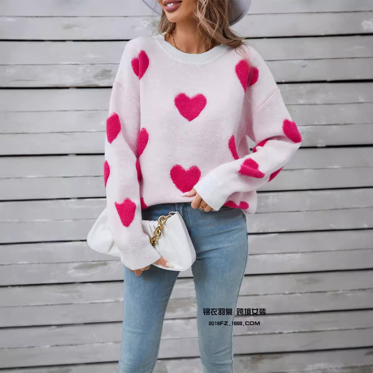 Plus Size Heart Knit Sweater Long Sleeve Pullover
