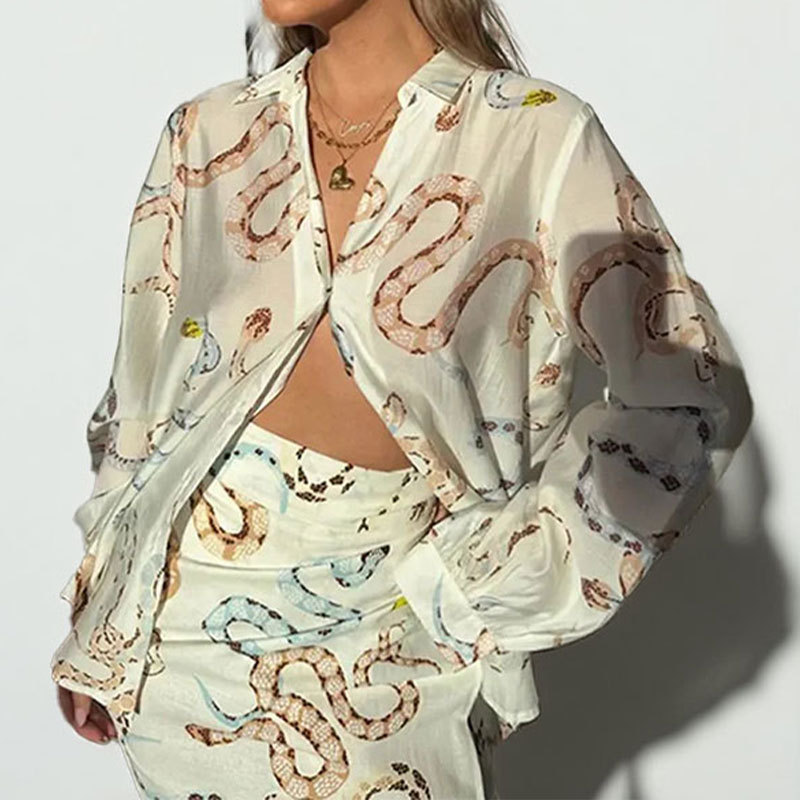 Elegant Loose Print Long-Sleeve Shirt and Skirt Two-Piece Set