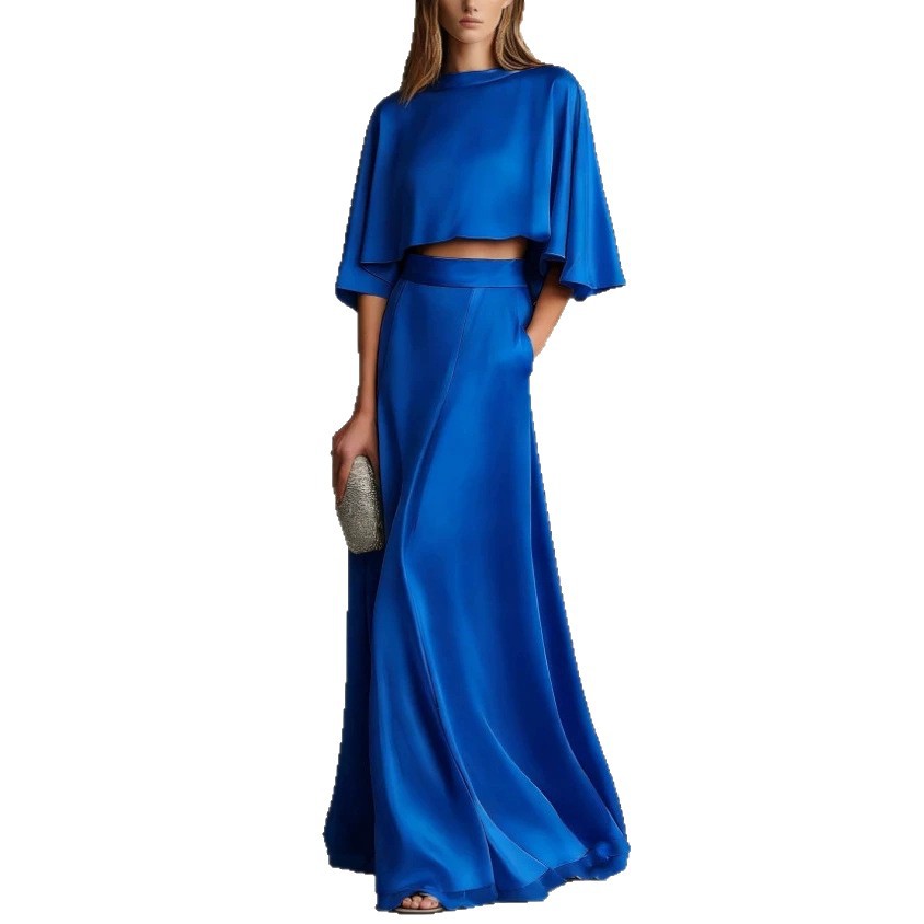 Women's Satin Cape-Sleeve Long Dress Set Elegant Luxury Style