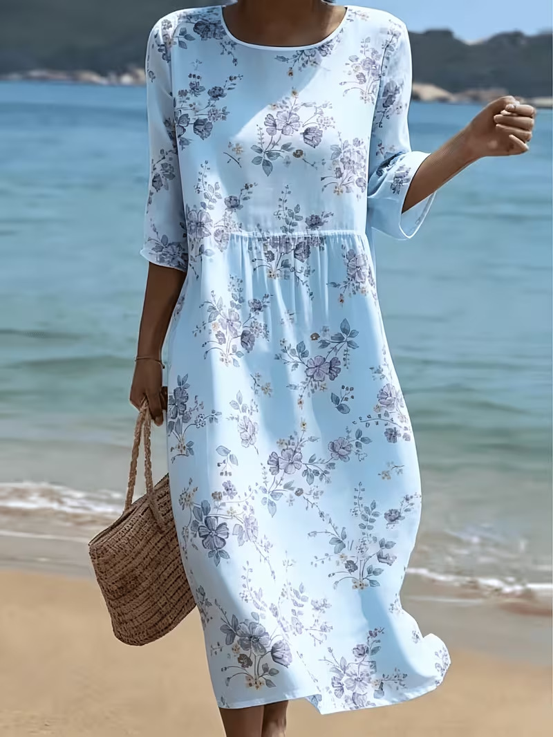 Women's Floral Print Ruched Midi Dress Crew Neck Half Sleeve