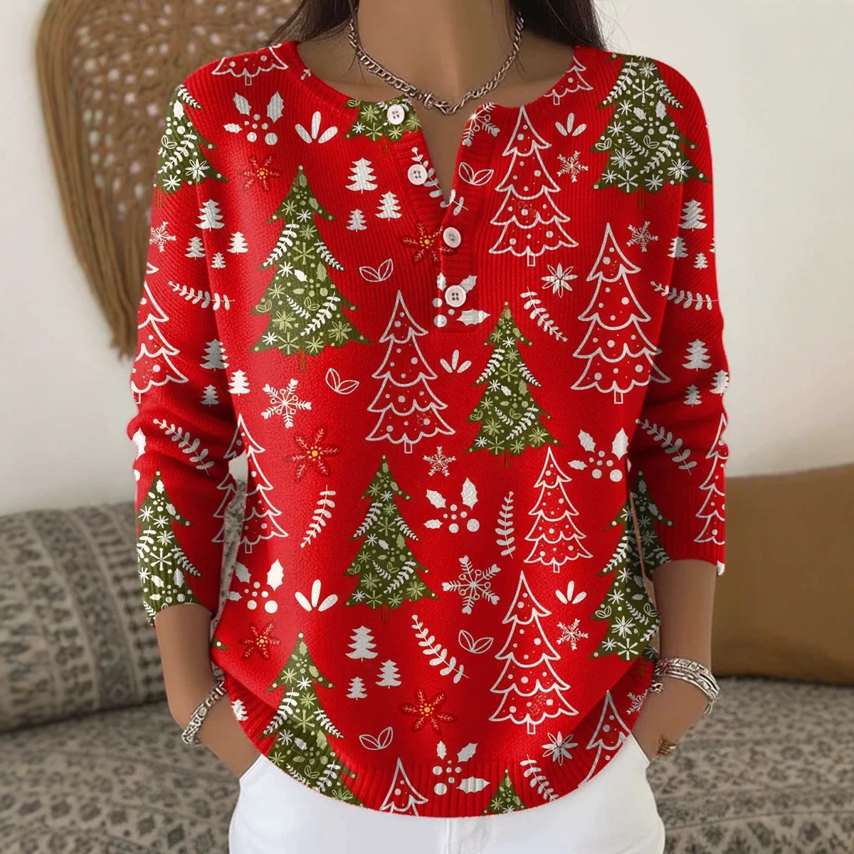 Women's Christmas Tree Floral Print Button Sweatshirt