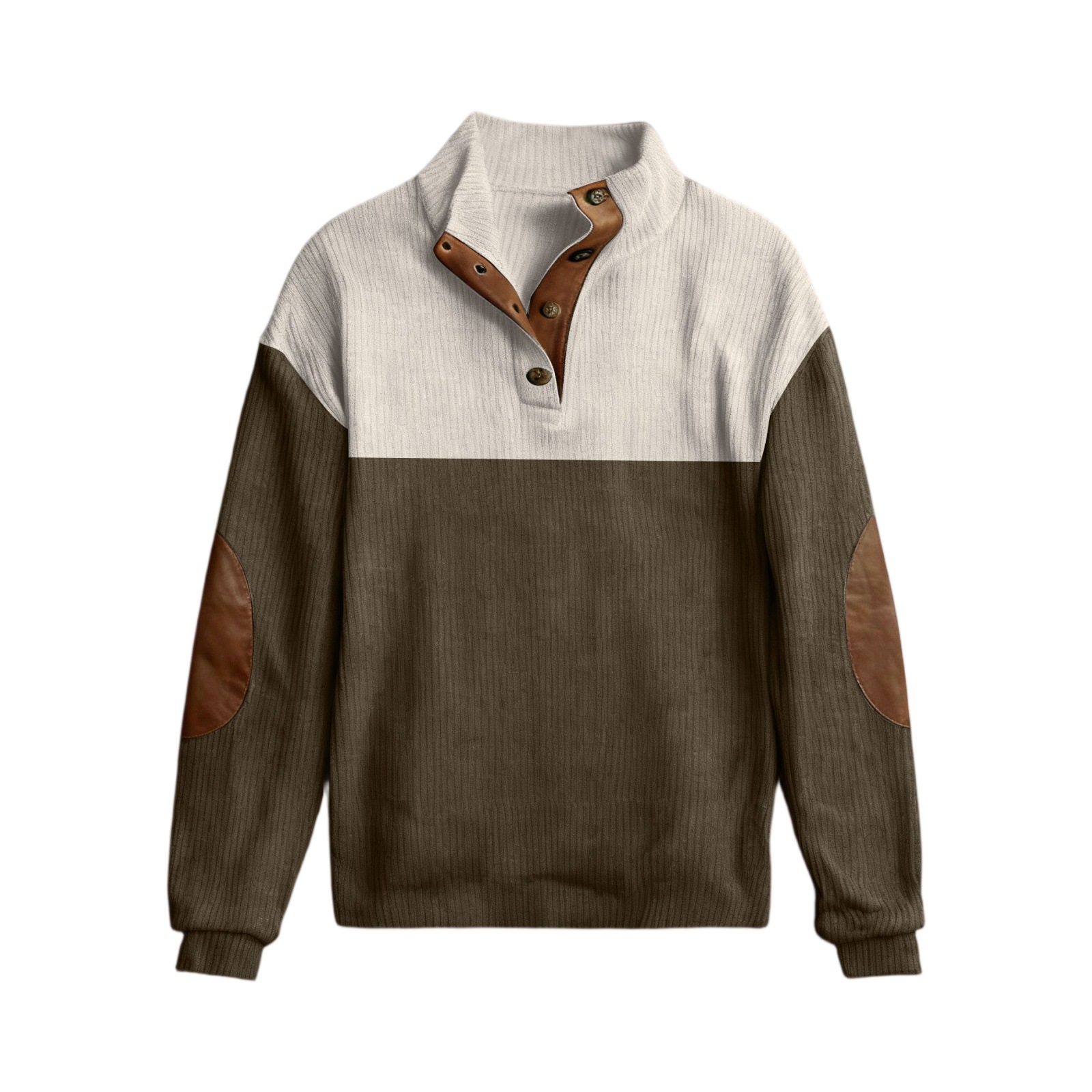 Corduroy Color-Block Pullover Hoodie with Stand Collar