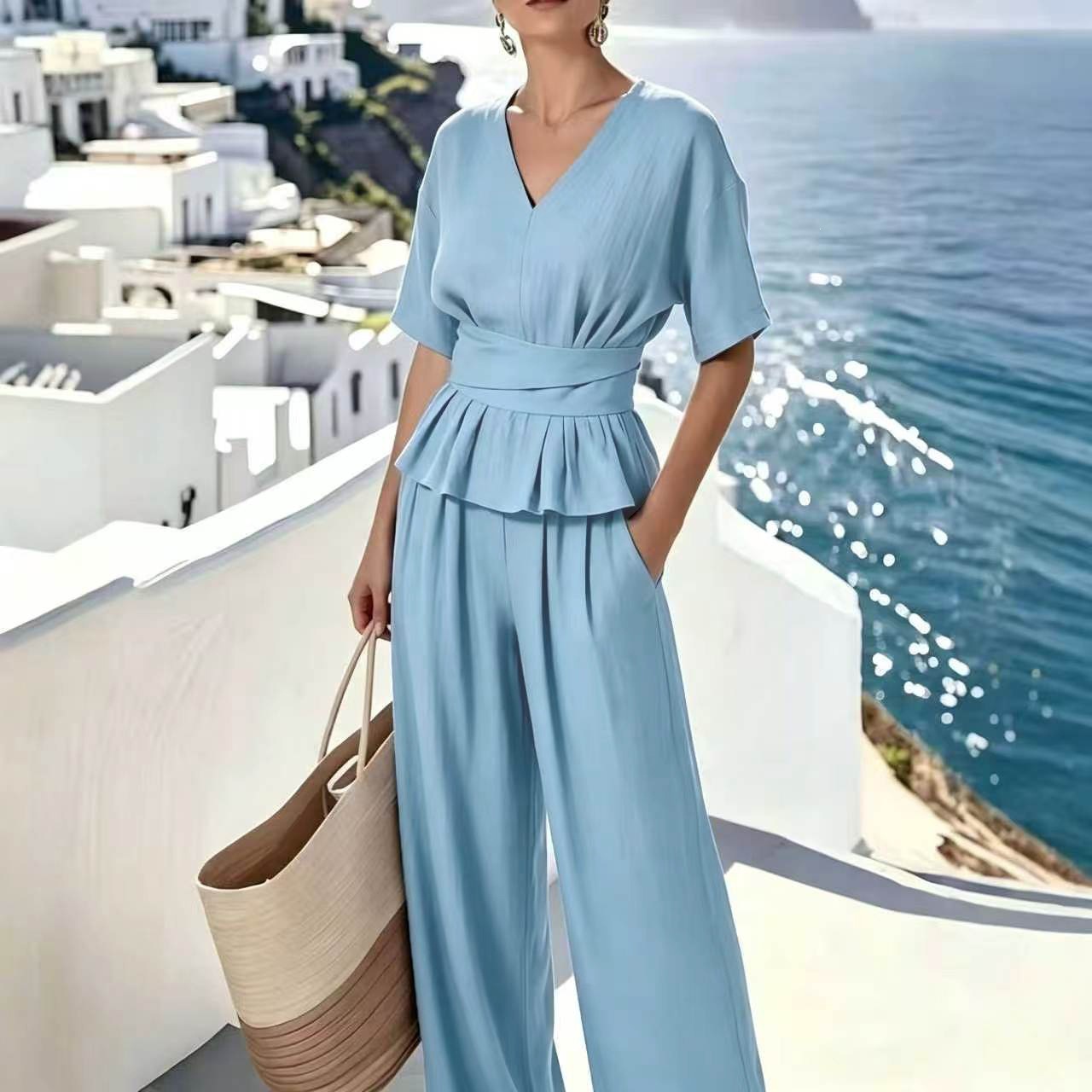 Women's V-Neck Tie Short Sleeve Top & Long Pants Two-Piece Set Casual Minimalist Commuter