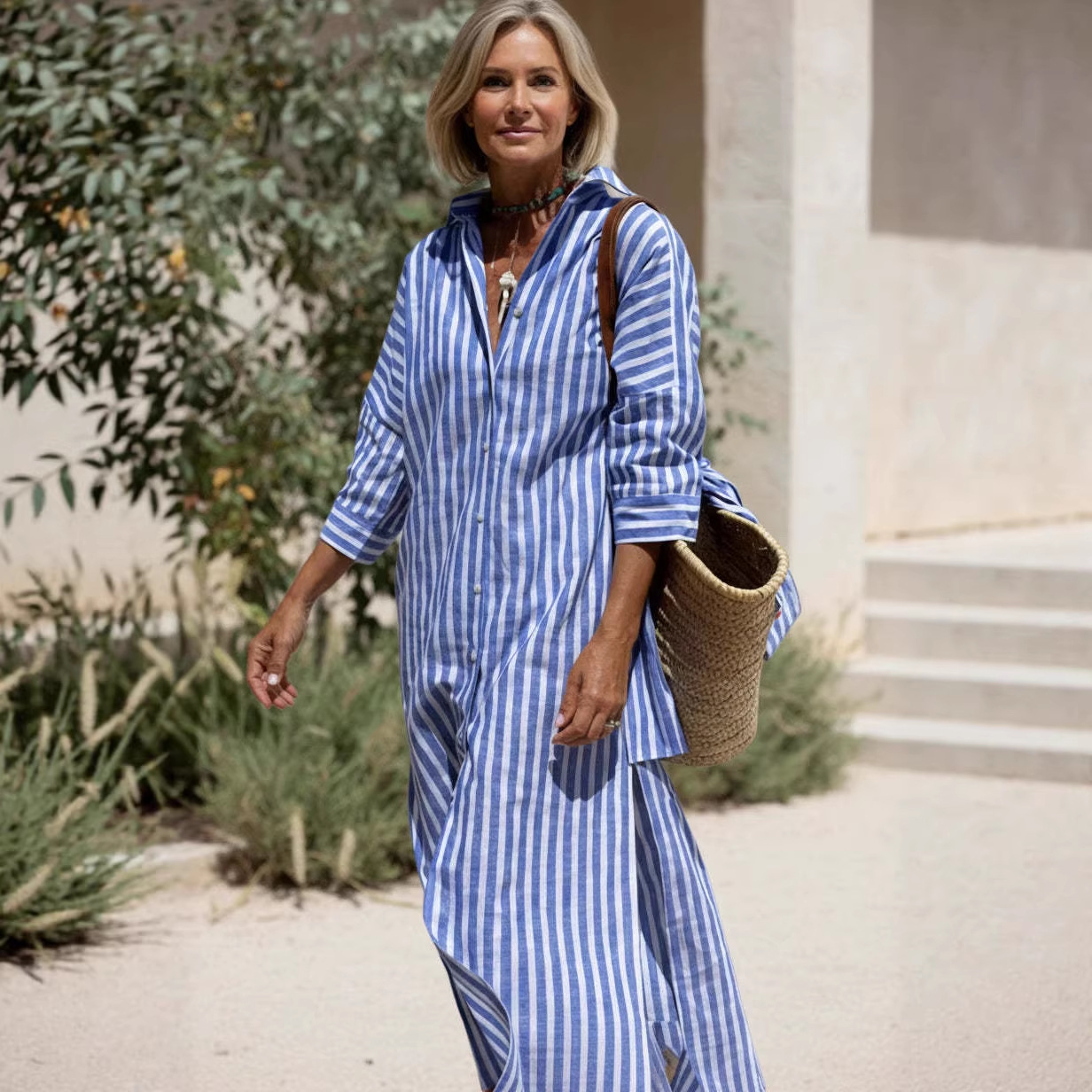 Striped Button-Front Midi Shirt Dress