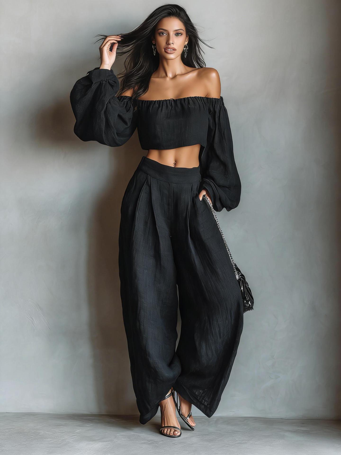 Off-Shoulder T-Shirt and Wide-Leg Pants Two-Piece Set