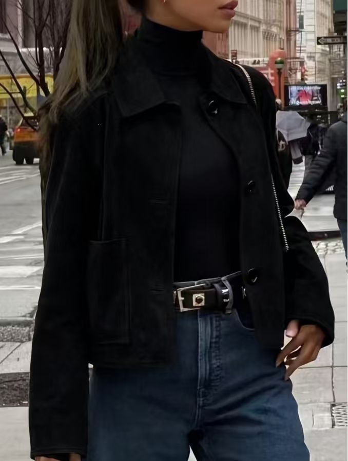Suede Women's Slim Fit Single-Breasted Lapel Commuter Jacket
