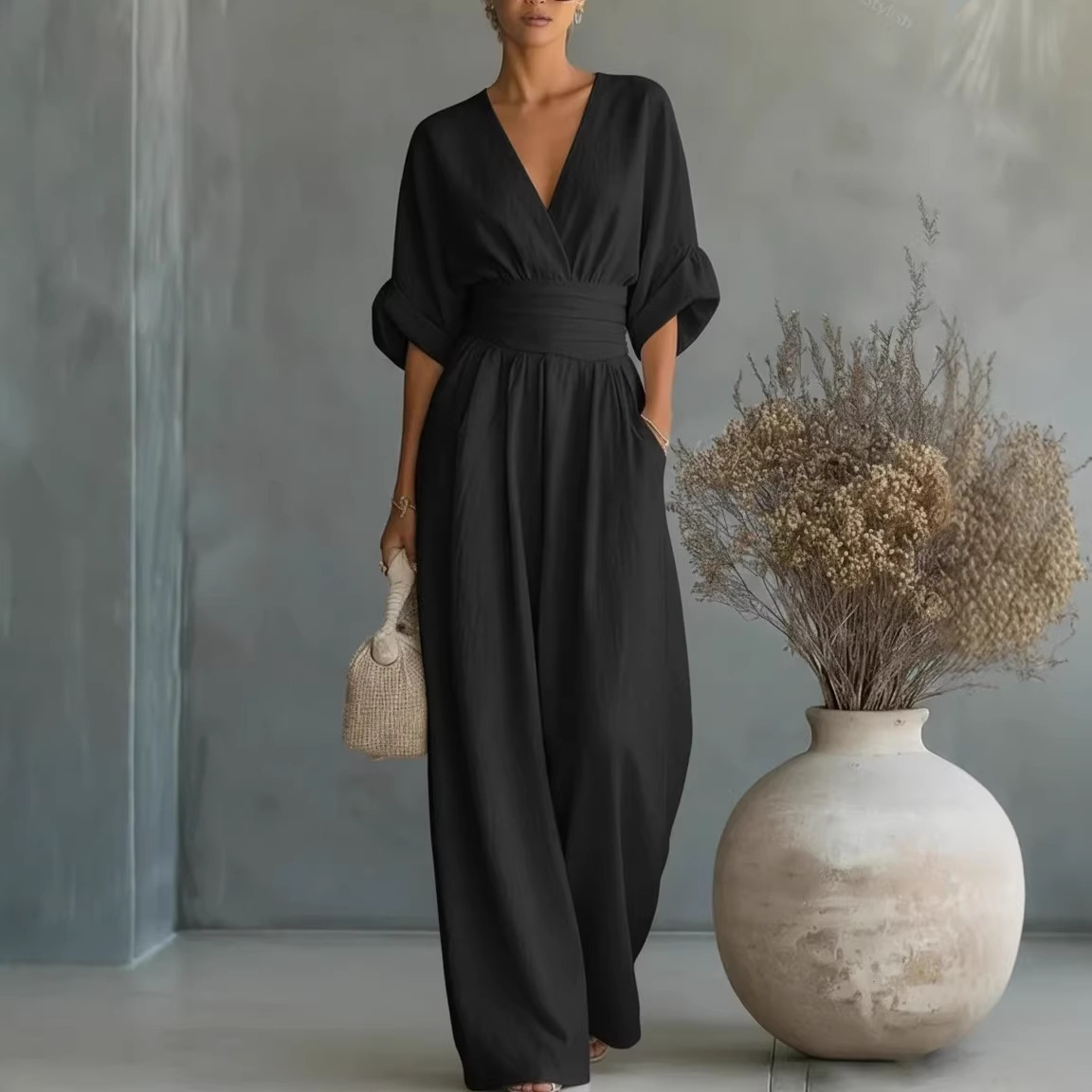 Elegant V-Neck Cinched Waist Wide-Leg Jumpsuit