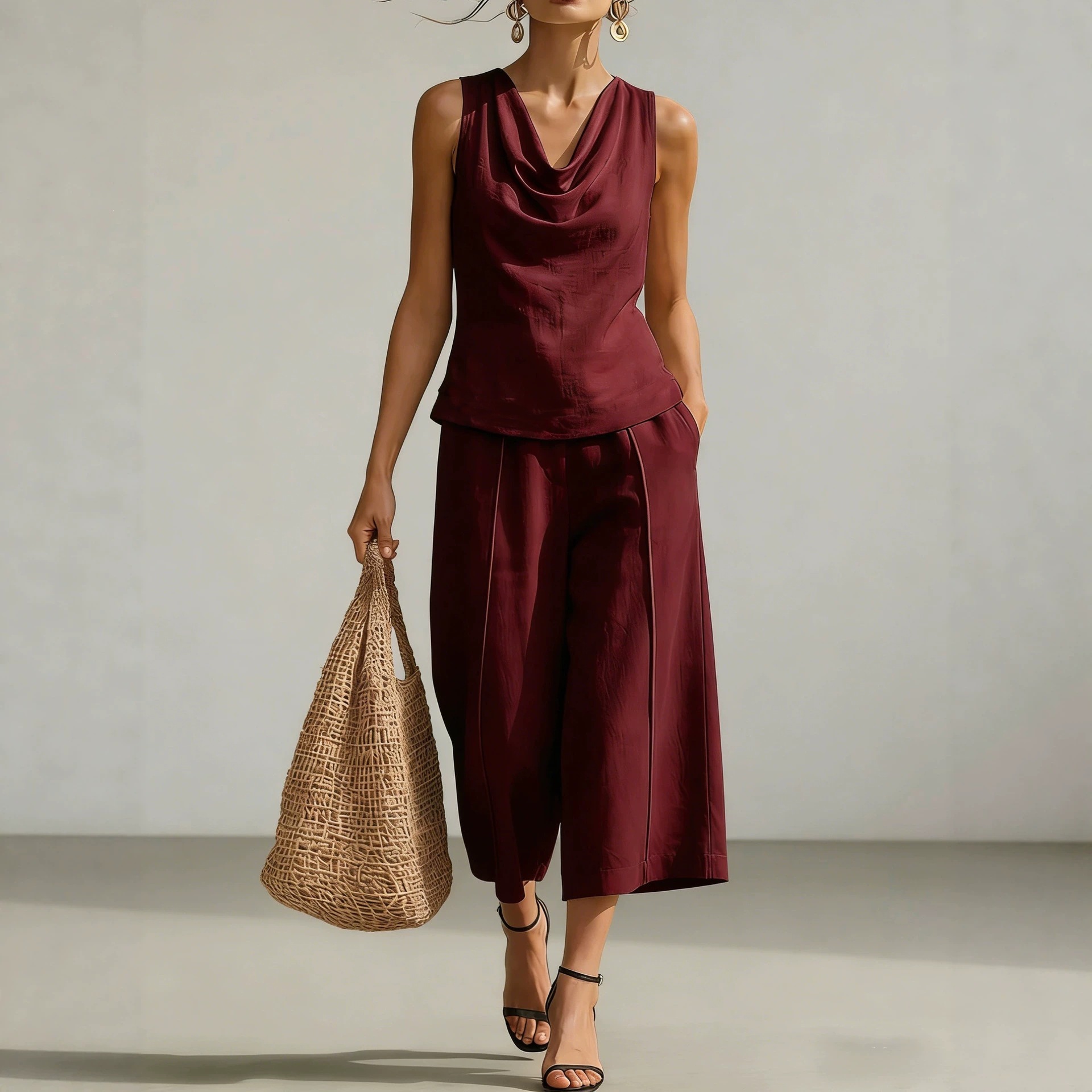 Women's Draped Cowl Neck Sleeveless Top & Cropped Wide-Leg Pants Set