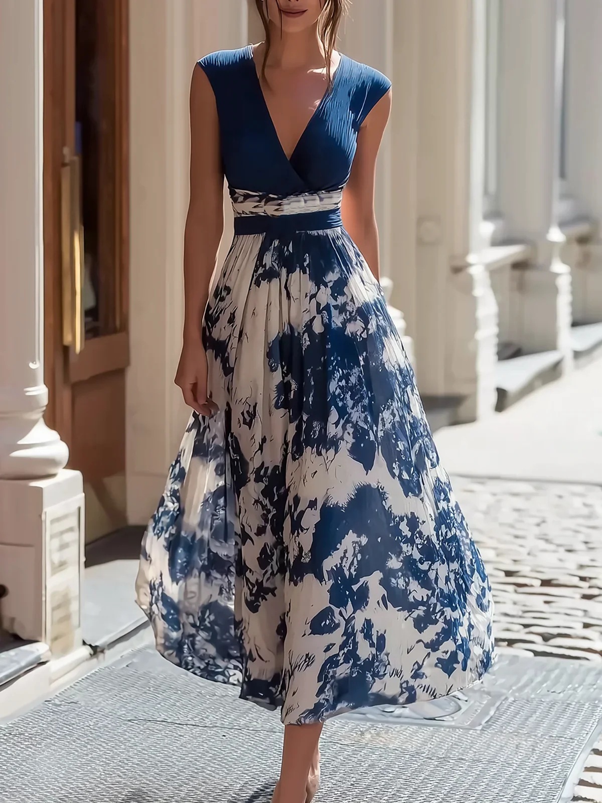Sleeveless V-Neck Blue and White Porcelain Print Midi Dress
