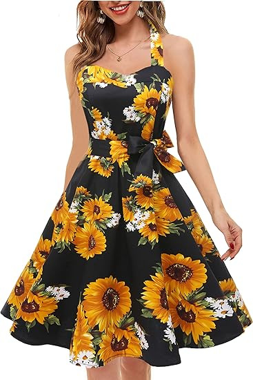 Women's Summer Halter Neck Sleeveless Floral Print Vintage Maxi Dress
