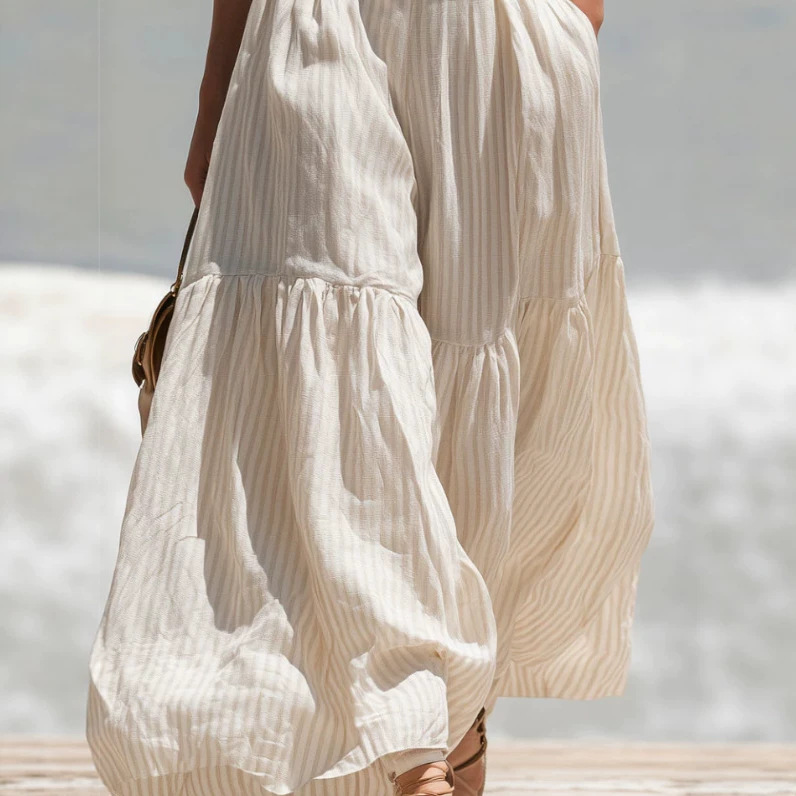 Women's Casual Retro Blue Striped Knit Vest & Beige Cotton-Linen Pants Set