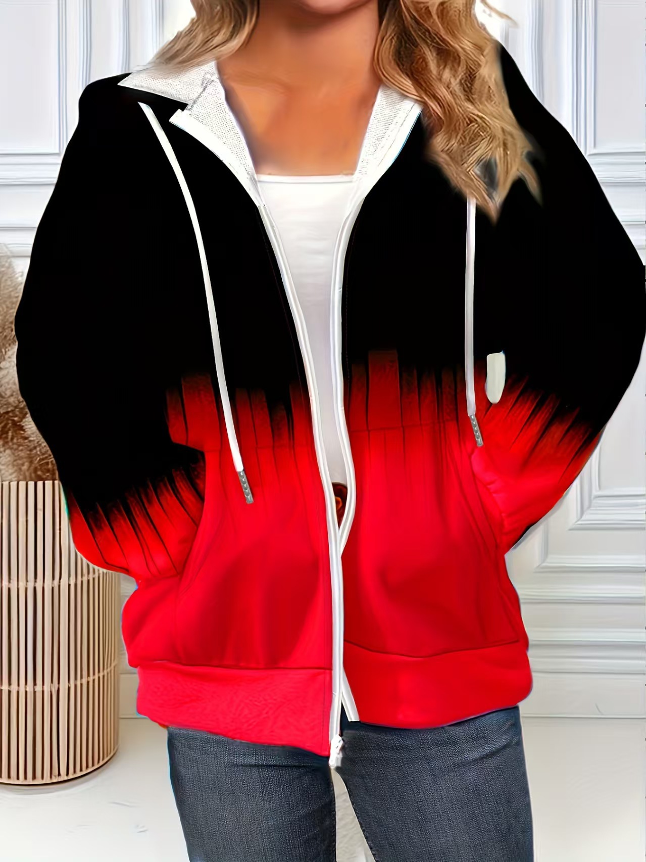 Women's Gradient Hooded Zip-Up Sweatshirt Cardigan Loose Fit