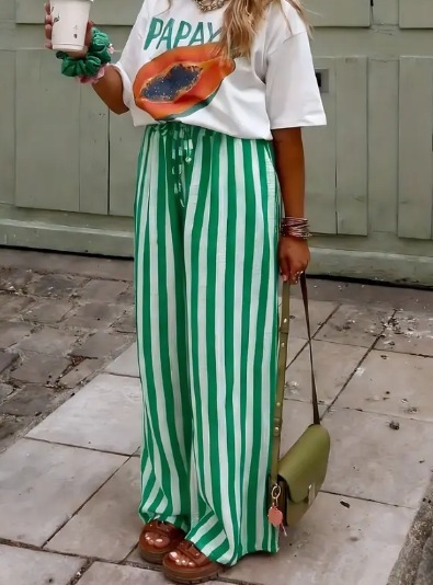 Women's Loose Straight-Leg Striped Print Pants Casual Colorblock