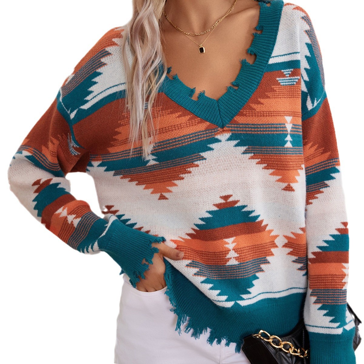 Aztec Geometric Jacquard V-Neck Pullover Sweater