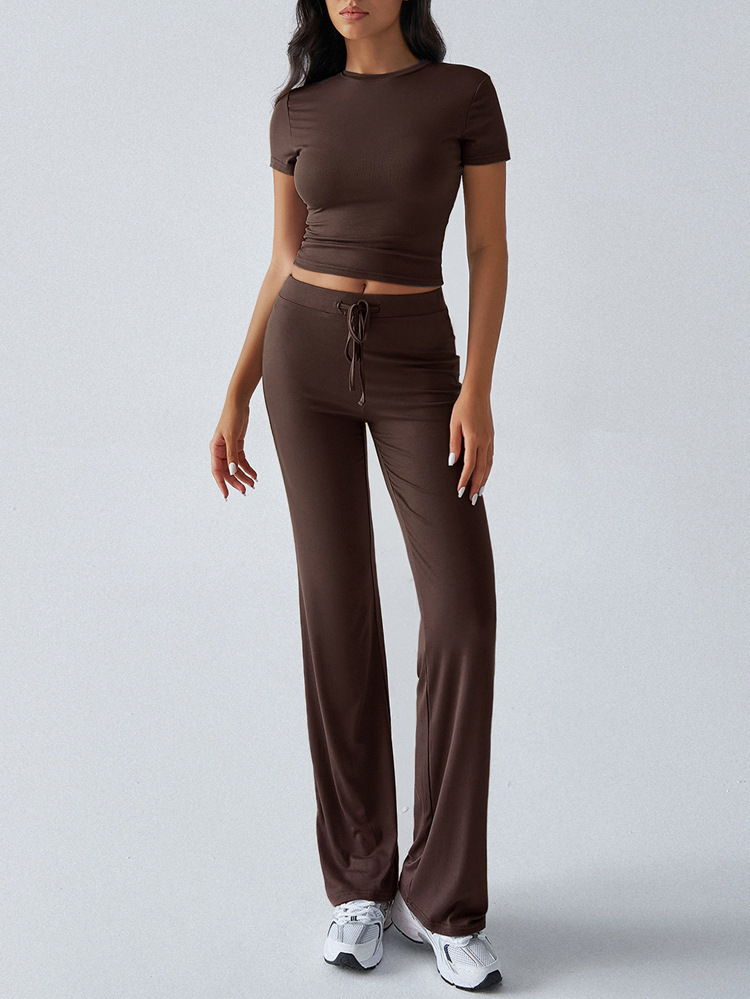 Women's Casual Solid Color Round Neck Short Sleeve Top and Long Pants Set