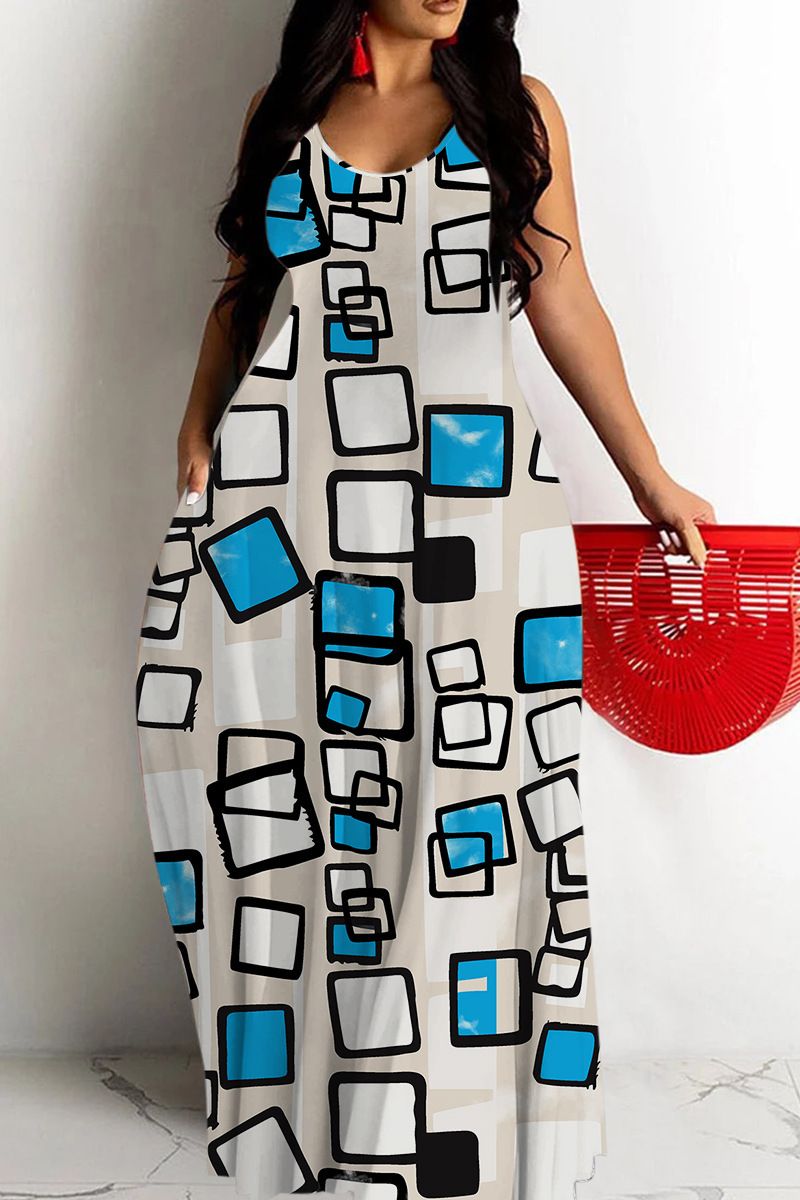 Women's Printed Deep V-Neck Sleeveless Maxi Dress