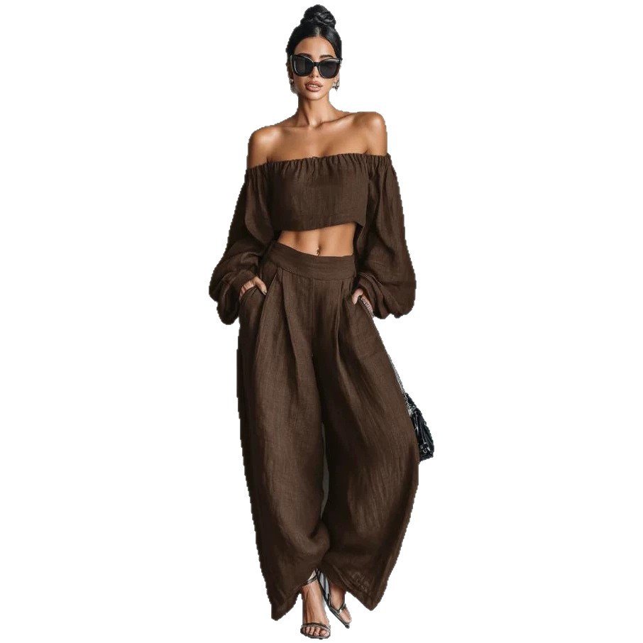Women's Off-Shoulder Ruched Long-Sleeve Top and Wide-Leg Pants Set