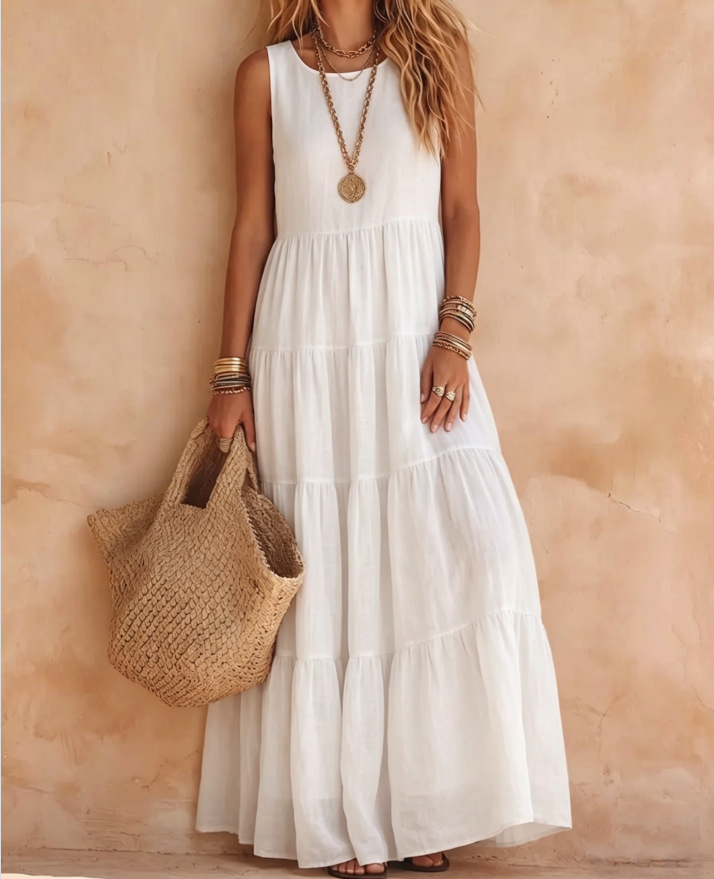 Solid Sleeveless Plus Size Maxi Dress with Round Neck and Shirred Details