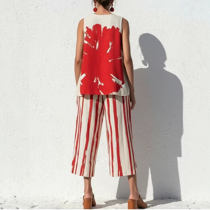 Casual Art Print Two-Piece Top and Capri Pants Set
