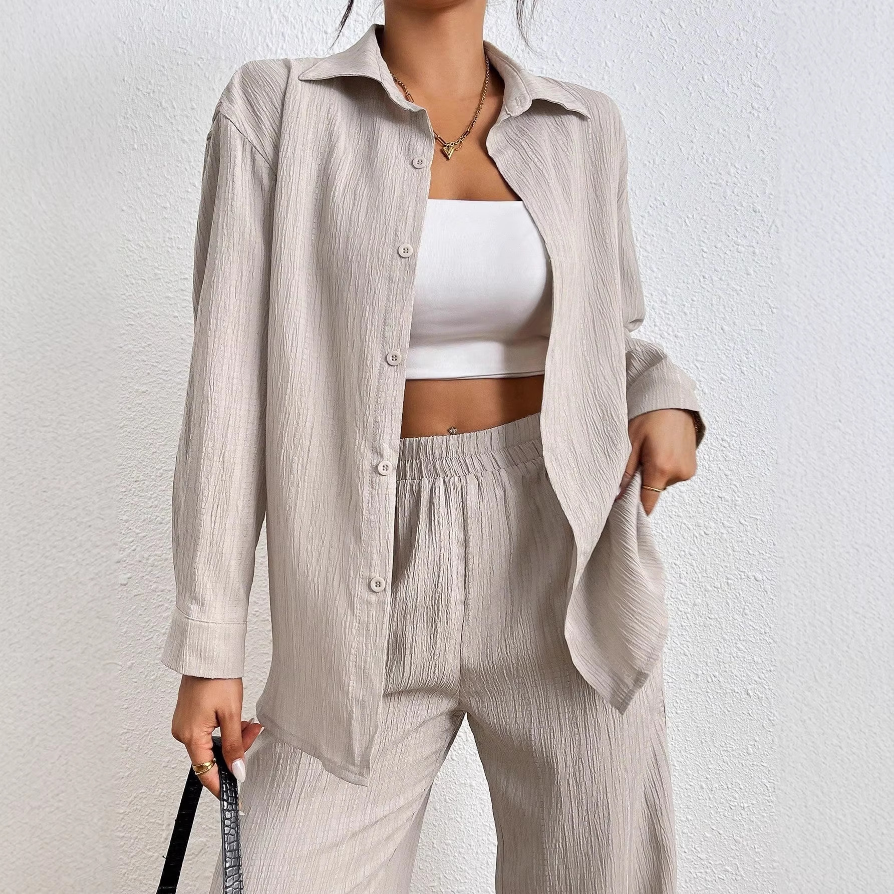 Women's Solid Color Elastic Waist Wide-Leg Pants with Pockets and Shirt Two-Piece Set